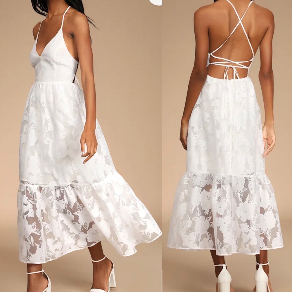 NWT Lulus Small Feeling Like Forever White Jacquard Organza Lace-Up Midi Dress